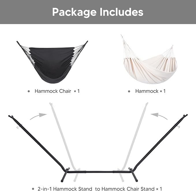 SUNCREAT 2-in-1 Hammocks Convertible Portable Double Hammock with Stand, Outdoor Hammock with Stand Included, Patented, Natural