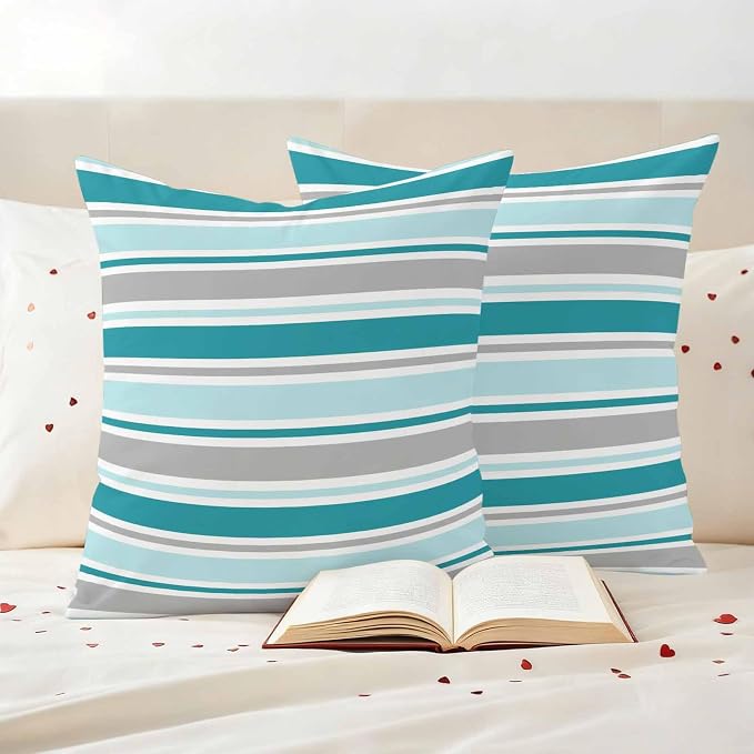 Grey Blue Striped Outdoor Pillow Cover 20x20 Inch Cushion Sham Case, Farmhouse Stripes Modern Abstract Art Waterproof Decorative Square Throw Pillowcase for Outside Garden Patio Porch Couch Chair Tent