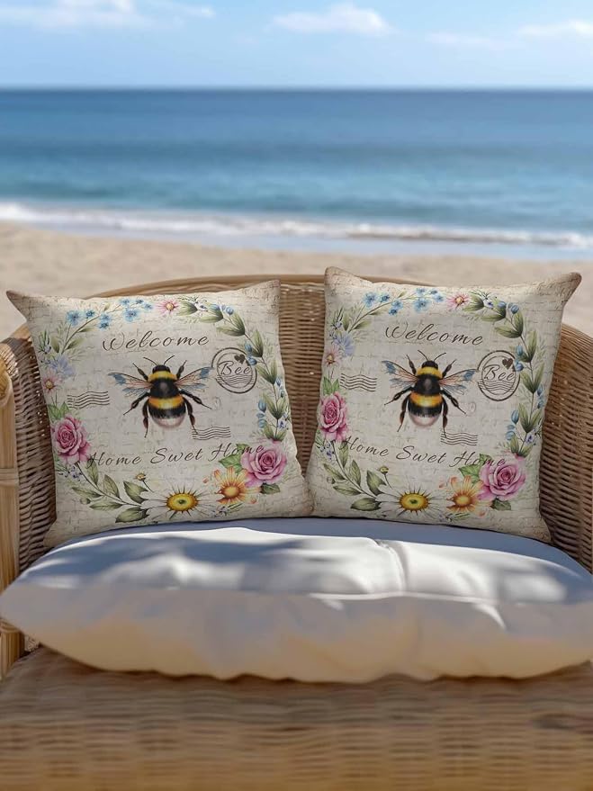 Outdoor Waterproof Throw Pillows Farmhouse Flower Leaf Wreath Patio Pillows Pack of 2,Decorative Pillow Covers with Insert,Pillow Cushion Case for Garden Couch Sofa Rustic Bee Retro Letter