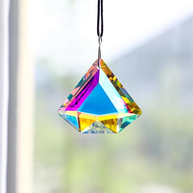 2 Pcs 1.9 Inch AB Crystal Prism Suncatcher Window Decor | AB Colored Crystal Prisms Sun Catcher Set of 2 Hanging Pendants for Window Indoor Home Garden Decor Rainbow Maker