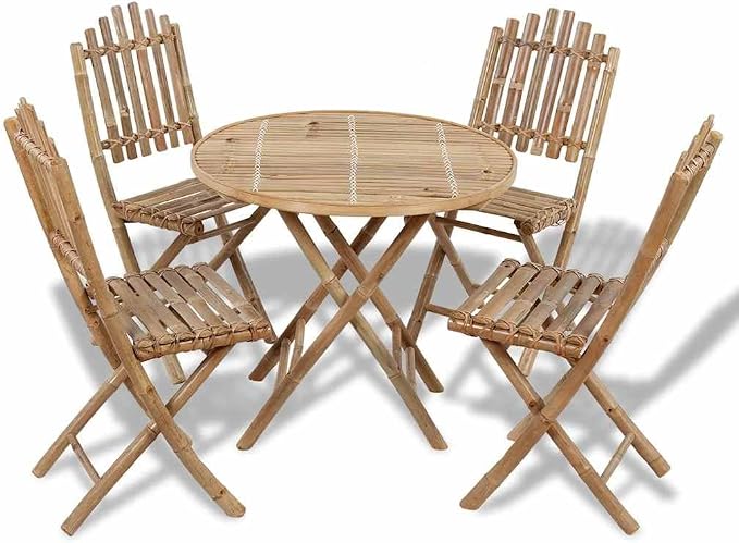 5-Piece Folding Bamboo Patio Dining Set, 31.5" Round Table | Includes four matching chairs that fold flat for easy storage, designed for backyard, balcony, or poolside dining.