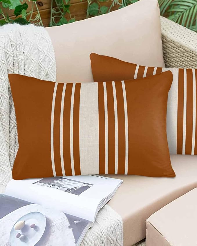Vandarllin Outdoor Throw Pillows Covers 20x12 inch Set of 2 Waterproof Burnt Orange Vertical Stripes Decorative Zippered Cushion Covers for Patio Furniture, Classic Striped Linen Lumbar Pillowcases