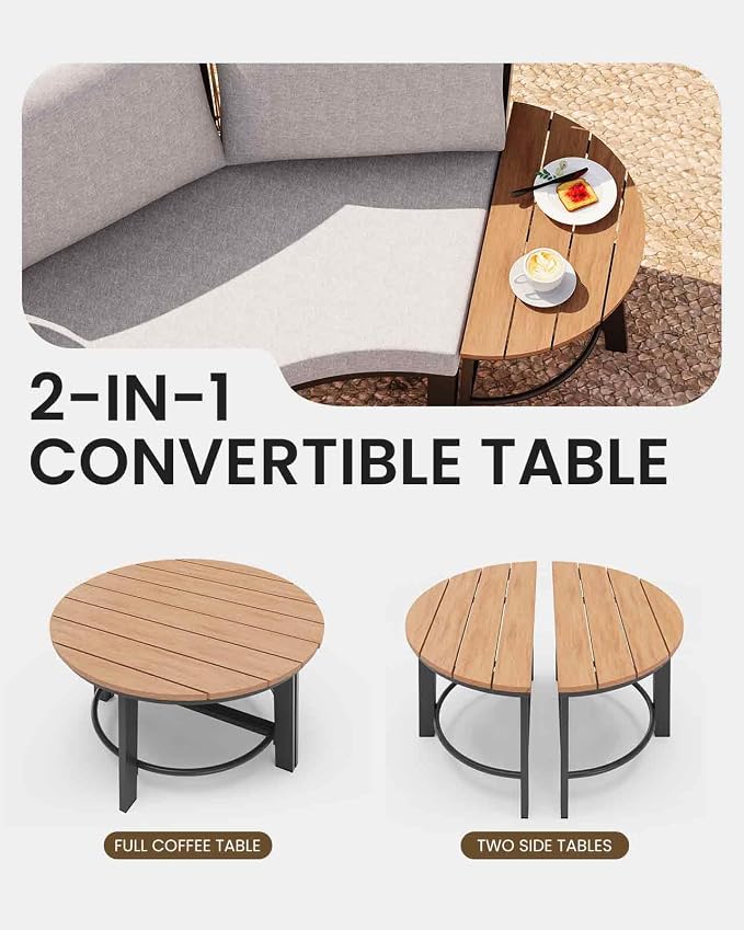 Half Moon Patio Furniture Set, Aluminum Curved Patio Conversation Sets, Luxury Outdoor Sectional Sofa with PE Rope, All-Weather 4 Pcs Outdoor Couch with Modular Coffee Table & Cushions, Gray