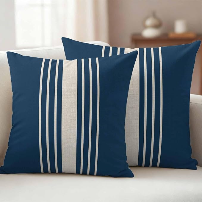 Navy Blue Beige Striped Outdoor Pillow Covers 18x18 Inch Throw Pillow Covers Set of 2 Waterproof Decorative Pillow Cases Modern Farmhouse Retro Lines Cushion Covers for Patio Furniture Garden Couch