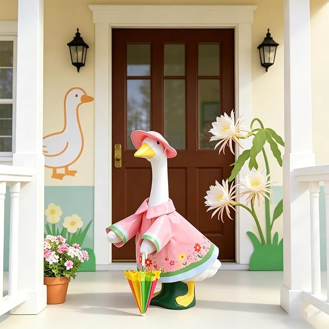 Raincoat Porch Goose Outfits with Umbrella Hat, Goose Spring Outfit Lawn Goose Raincoat Clothes Costume Fits 23" Geese Statue, Summer Garden Lawn Patio Yard Outdoor Decor (Raincoat-pink flower)