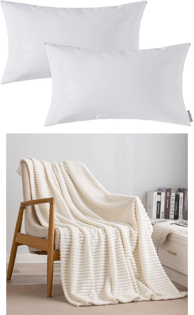 MIULEE Pack of 2 Decorative Outdoor Waterproof Pillow Covers Garden Cushion Sham Throw Pillowcase Shell for Patio Tent Couch 12x20 Inch White Bundle Cream White Fleece Blanket 50x60 inch
