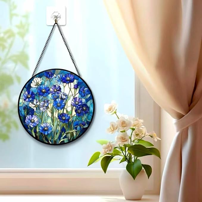 Stained Glass Window Hanging - Blue Floral Pattern 7.8 Inches Suncatcher for Garden Home Decor for Women Mon Grandma Friends