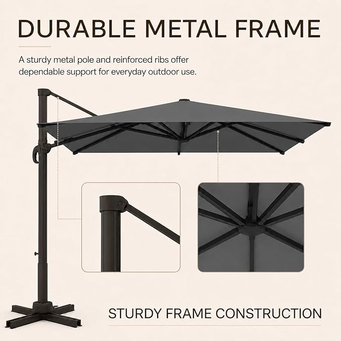 Kingdura 10' X 10' Cantilever Patio Umbrella with Base Included, Large Square Aluminum Outdoor Offset Umbrella with 360-degree Rotation, 4 Position Tilt, UV Protection for Pool Deck Garden Patio (Grey)