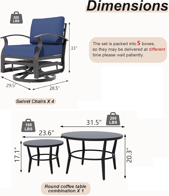 Gotland 6 Piece Patio Set, Aluminum Outdoor Swivel Chairs Set with Round Table 5.1’’ High-Resilience Seat Cushions 29.5" Deep Seating, Metal Patio Furniture Set Patio Conversation Sets, Navy