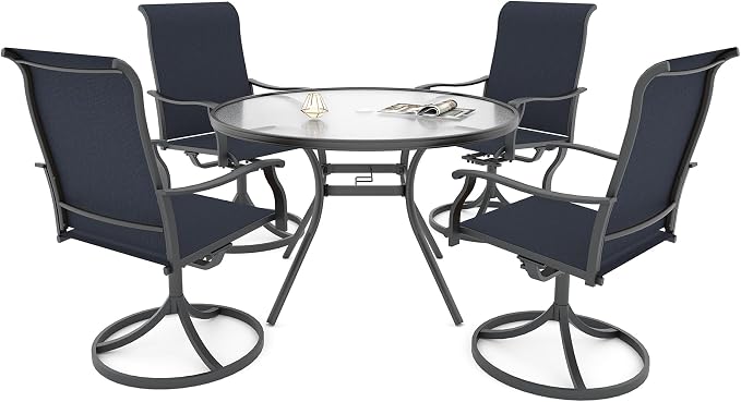 Patio Dining Set 5 with 40" Glass Round Table, Navy Blue Swivel Chairs Sty1 | 4 Piece Swivel Chairs: High Back, Retro Armrest, Textilene Fabric, Rocking; 40 inch Round Table: Glass Top; All Weather