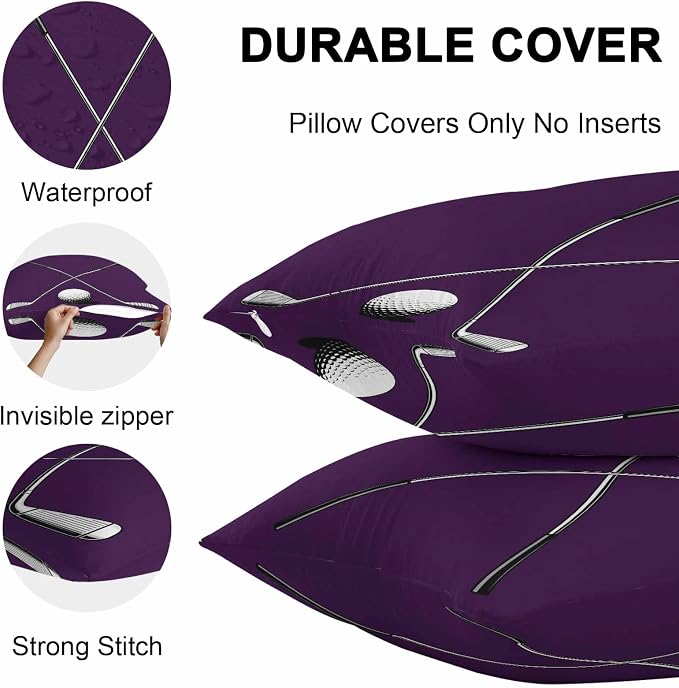 Vandarllin Outdoor Throw Pillows Covers 18x18 inch Set of 2 Waterproof Golf Ball Club Decorative Zippered Cushion Covers for Patio Furniture, Game Sports Purple Lumbar Pillowcases