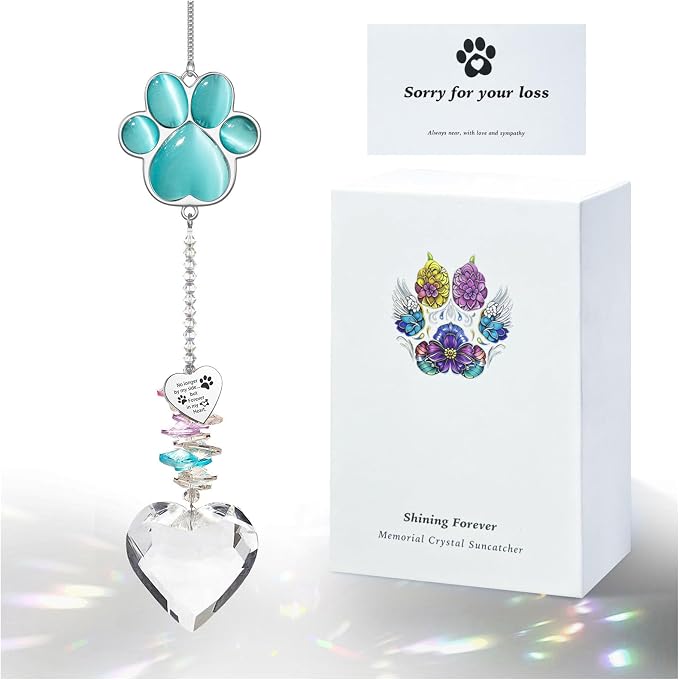 Dog Memorial Gifts for Loss of Dog, Pet Sympathy, Dog Memorial Suncatcher | Thoughtful Dogs and Cats Bereavement Remembrance Gifts, Natural Cat's Eye Paw Crystal Suncatcher