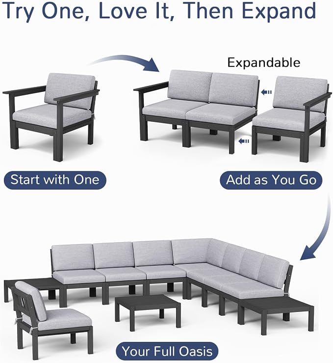 Stoog 6-Piece Patio Sectional Sofa Set, Modular Outdoor Furniture Set - All-Weather Waterproof HIPS Frame & Quick-Dry Olefin Cushions, Black
