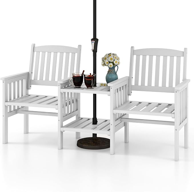 Tangkula Outdoor Wood Loveseat with 2-Tier Side Table and Umbrella Hole, 2-Seater Patio Garden Bench with Armrests and Slatted Seats, Outdoor Table and Chairs Set for Porch and Balcony