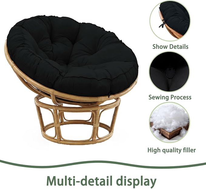 Papasan Cushion, 52 inch Papasan Chair Cushion, Thickened Padded Round Papasan Cushion (Black) | Thickened Papasan Cushion, Indoor Papasan Chair Cushion (Without Chair), with Ties, Black
