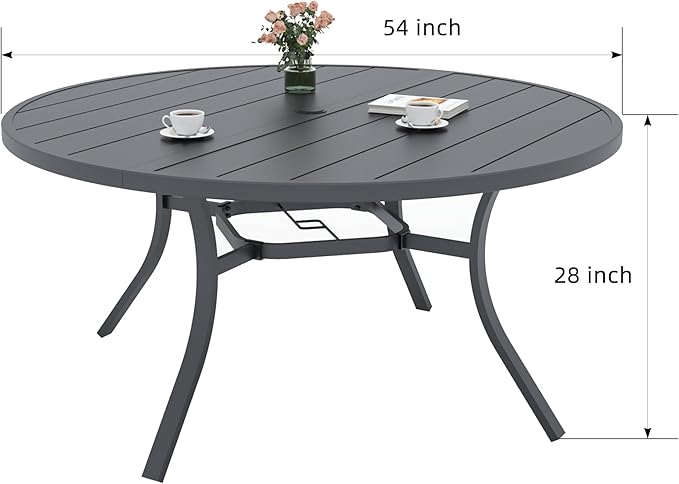 Patio Dining Set 7 Suit 6-8 Person 54" Round Table Navy Blue Swivel Chairs | 6 Piece Swivel Chairs: High Back, Curved Armrest, Textilene Fabric, Rocking; 6-8 Person 54 inch Metal Round Table