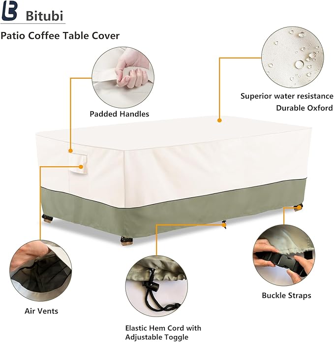 Bitubi Waterproof Patio Coffee Table Cover, Rectangular Outdoor Small Side Table Cover - Fits up to 48L x 28W x 16H inches, Beige