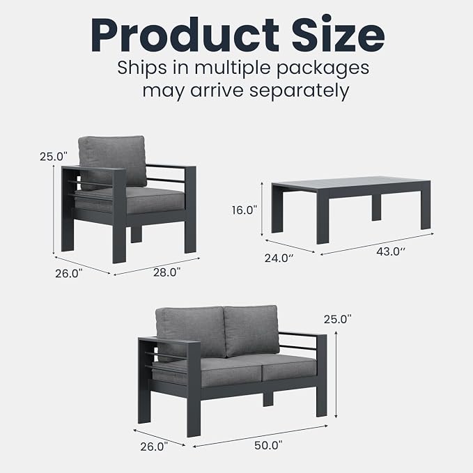4 Pieces Modern Aluminum Patio Furniture Set, Outdoor Conversation Sets Metal Sectional Sofa with Coffee Table