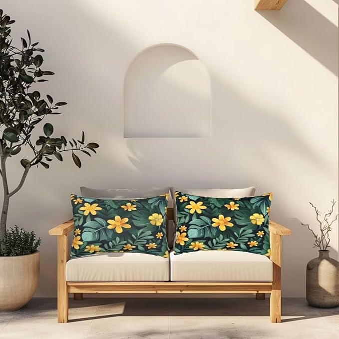 Outdoor Pillows Waterproof Set of 2 Outdoor Pillow Covers 16x24 Inch, Yellow Throw Pillows Flower Pillow Covers, Summer Garden Decorative Pillows Outdoor Pillows for Patio Furniture Home Decor -hs117