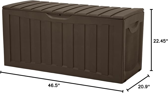 Ram Quality Products Plastic 90 Gallon Outdoor Lockable Backyard Storage Bin Deck Box for Cushions, Pool Accessories, and Towels, Brown