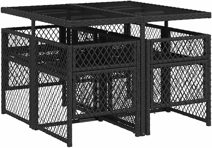 5-Piece Garden Dining Set, Outdoor Wicker Patio Furniture with Black Poly Rattan Table and 4 Folding Chairs, Cream White Cushions and Tempered Glass Top, for Backyard and Balcony
