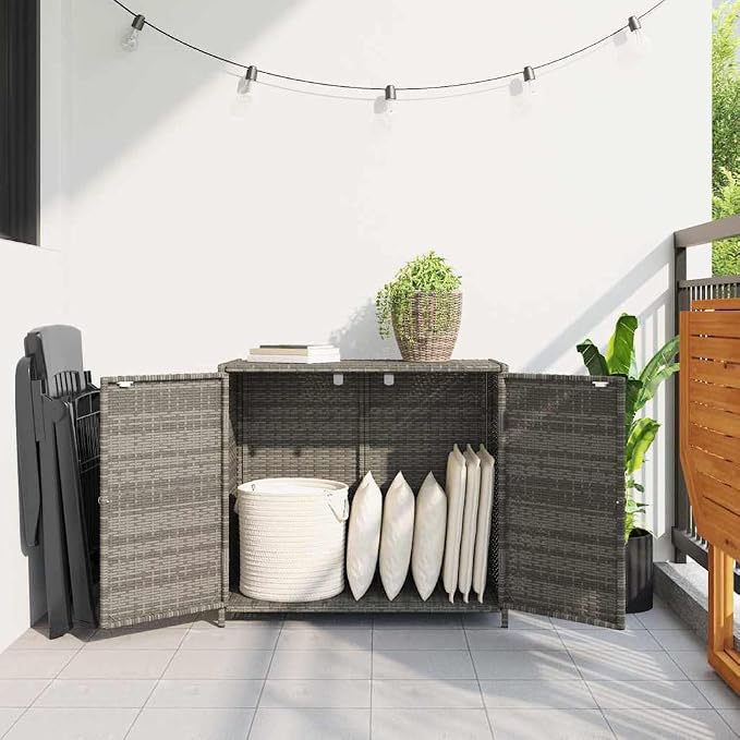 Outdoor Garden Storage Cabinet, 2-Door Patio Deck Organizer with Powder-Coated Steel Frame, PE Rattan Storage Box for Garden, Balcony, and Garage, Grey, 17.7 x 32.7 x 29.9 in