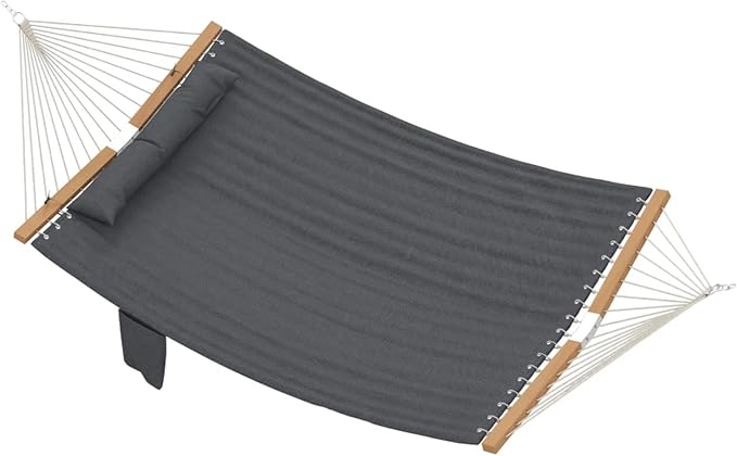 11FT Hammock Without Stand for Outside, Large Patio Hammock with Removable Headrest & Side Pocket, Two Person Hammock with Spreader Bars for Garden, Balconies, 440LBS Capacity (Grey)