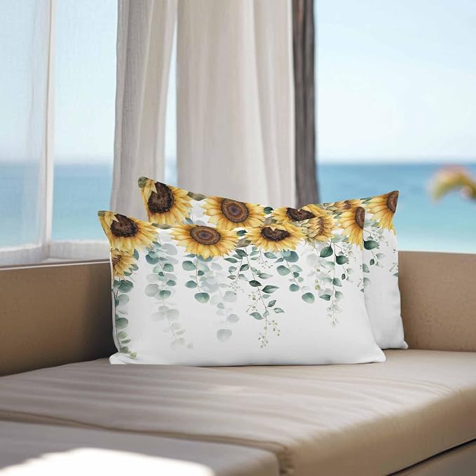 Vandarllin Outdoor Throw Pillows Covers 20x12 inch Set of 2 Waterproof Green Eucalyptus Leaves Decorative Zippered Cushion Covers for Patio Furniture, Watercolor Sunflower Lumbar Pillowcases