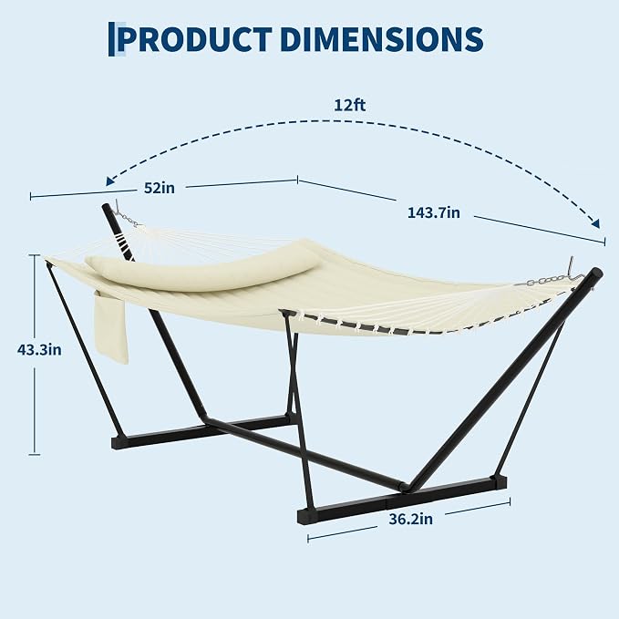  2 Person Hammock with Stand for Outside, Double Hammock with Stand and Pillow, Max 450 Lbs Capacity with Balance Rope, Large Hammock for Outdoor Patio Backyard Poolside