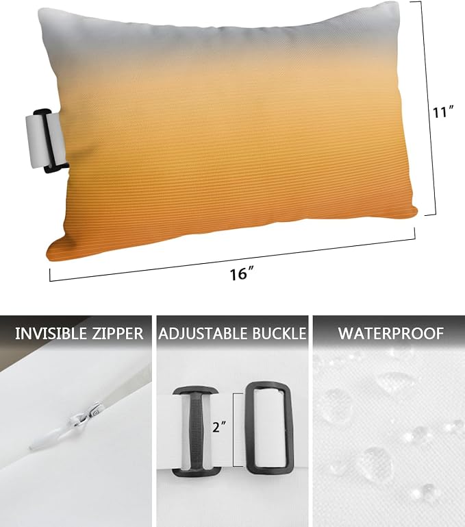 Outdoor Pillows Covers with Inserts Grey Yellow Orange Ombre Stripe Line Gradient Waterproof Recliner Pillow with Adjustable Strap Throw Pillows for Patio Furniture Pool Lounge Chair, 11x16 Inch, 2PCS