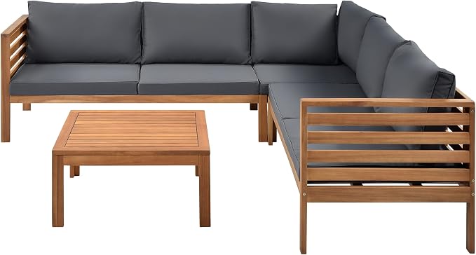 Merax 4-Piece Outdoor Sectional Furniture Set, All-Weather Acacia Wood Patio Sofa with Washable Cushions, Water-Resistant and UV Protected Conversation Set for Backyard, Poolside, Garden, Grey