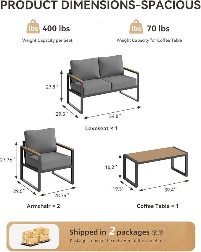 Aoxun 4 Piece Patio Furniture Set, Outdoor Patio Furniture with Thick Cushions, Modern Metal Outdoor Conversation Sets with Coffee Table for Porch, Balcony, Deck Dark Grey