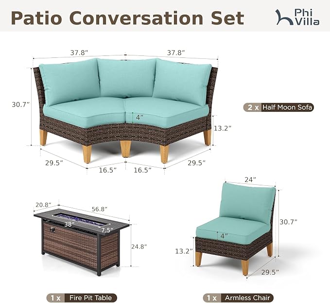 PHI VILLA Half Moon Patio Furniture Set with 56" Fire Pit Table, Outdoor Curved Wicker Sectional Sofa with Cushions and Ottomans, Aqua Blue