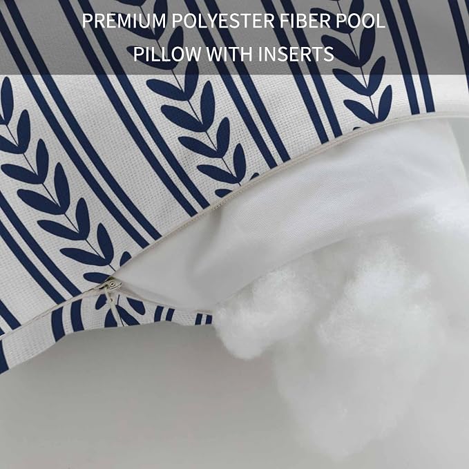 2PCS Outdoor Pillow for Chaise Lounge Chair Navy Blue Leaves Stripe Texture Waterproof Headrest Cushion with Insert Coastal Theme Farm Plant Lumbar Pillow for Beach Patio Poolside Office,11x16in