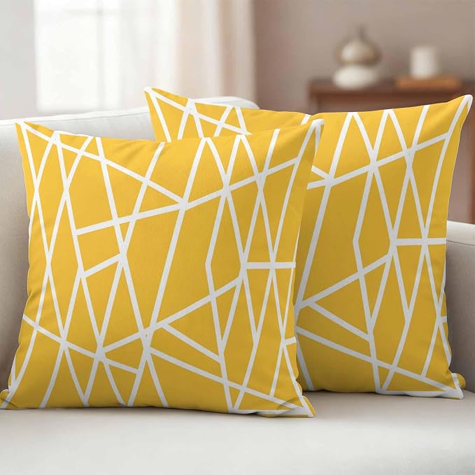 Outdoor Pillow Covers Waterproof, Yellow Geometric Decorative Square Throw Pillowcases Patio Cushion Covers for Tent/Garden, 24" x 24" 2 Pack, Abstract Stripes Modern Minimalist