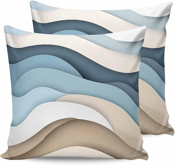 Pack of 2 Blue Brown Abstract Outdoor Pillow Waterproof Covers 26x26 inch, Gradient Water Ripple Polyester Throw Pillow Covers Garden Cushion Decorative Case for Patio Couch Decoration