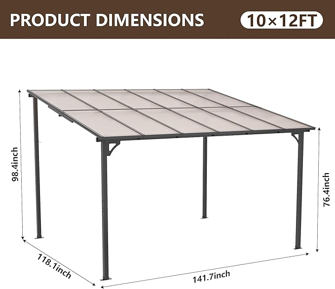 10' x 12' Lean to Gazeb,Hardtop Galvanized Steel Pergola with Sloped Polycarbonate Roof,Wall Mounted Gazebo Patio Canopy with Ground Anchor for Backyard Deck