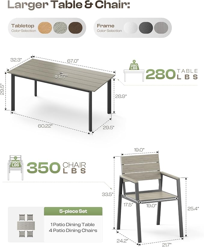Outdoor Patio Dining Chairs Set of 2, 350LBS Capacity Aluminum Patio Dining Chairs with Armrests, Weather-Resistant for Lawn, Garden, Yard, Poolside and Indoor Use (Gray)
