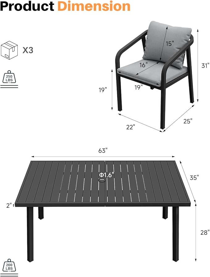 7-Piece Patio Dining Set, Never-Rust Aluminum Outdoor Dining Set for 6, Rectangular Outdoor Table and Chairs Set with Washable Cushions, Patio Furniture Set for Poolside, Lawn, Backyard, Black