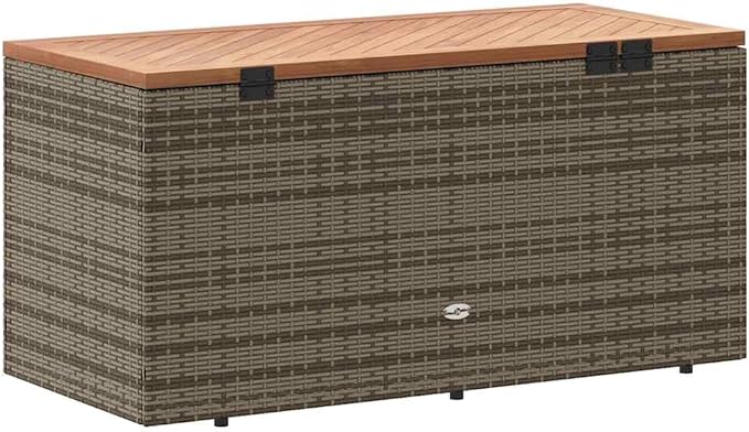 Modern Garden Storage Box with Seating, Grey and Brown Weather-Resistant Outdoor Furniture for Patio and Balcony, Spacious Interior Organizer, Durable PE Rattan and Acacia