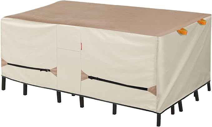 Porch Shield Patio Table Cover - Waterproof Outdoor Dining Table and Chairs Furniture Set Cover Rectangular - 96 x 48 inch, Light Tan & Khaki