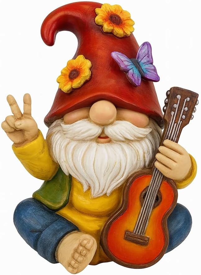 GoGnome Peace Sign Garden Gnome Figurine Outdoor Statue, Funny Guitar Playing Dwarf Rock Music Decor - 6‘’ Resin Lawn Ornament, Unique Housewarming Gift for Music Lovers & Gardeners (Red)