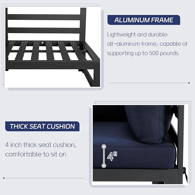 BULEXYARD 9 Pcs Oversized Contemporary Aluminum Patio Furniture Set, All Weather Modular Sectional Sofa with Tanning Chair & Fireplace, 500 lbs Heavy Duty Comfy Outdoor Couch for Beach Deck, Navy Blue
