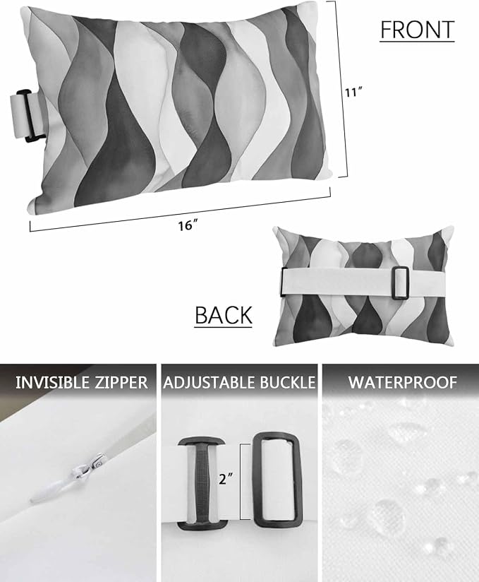 Outdoor Pillow for Chaise Lounge Chair Gray Gradient Ripples Outdoor Pillows Waterproof with Adjustable Strap Headrest Lumbar Pillows for Garden Patio Furniture 2 Pack 11" x 16"