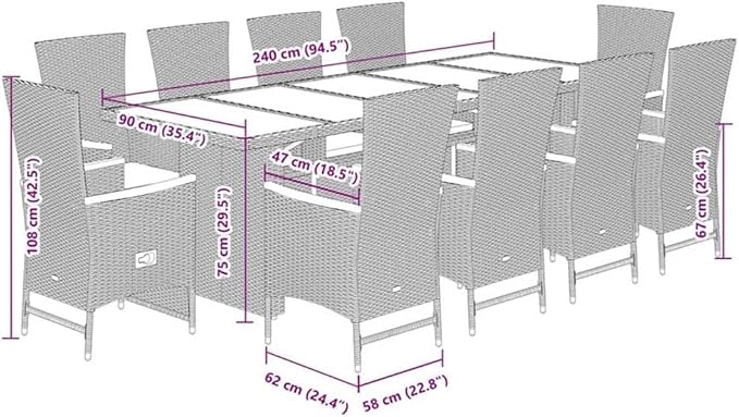 Afuera Living 11 Piece Poly Rattan Patio Dining Set, Black/Cream White, UV-Water Resistant, Solid Acacia Wood Table 94.5 in, Adjustable Reclining Chairs, Cushioned Seating for Outdoor Garden Terrace