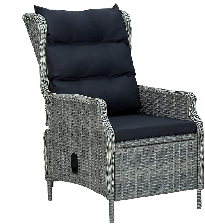 5 Piece Patio Dining Set Light Gray Poly Rattan with Adjustable Reclining Chairs, Outdoor Garden Dining Table and 4 Chairs with Thick Cushions for Backyard Poolside Lawn