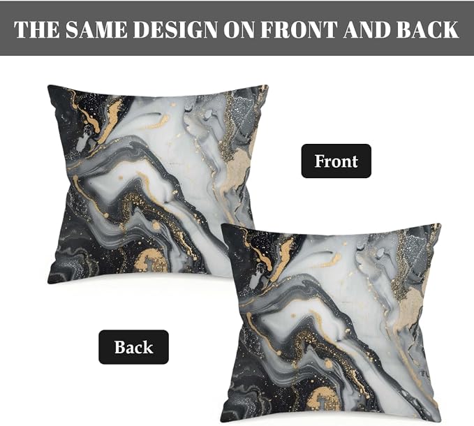 16x16 Inch Outdoor Pillow Covers Set of 2 Waterproof Throw Pillow Covers Decorative Couch Cushion Covers Black Grey Marble Square Pillowcases Protectors for Patio Garden Sofa