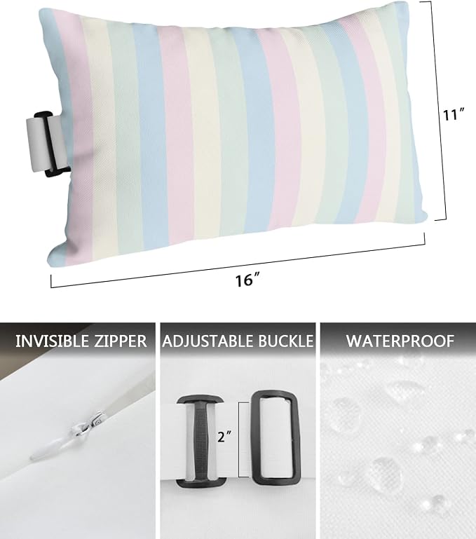 Outdoor Pillows Covers with Inserts Blue Green Yellow Pink Stripe Waterproof Recliner Pillow with Adjustable Strap Throw Pillows for Patio Furniture Pool Lounge Chair, 11x16 inch, 1PCS