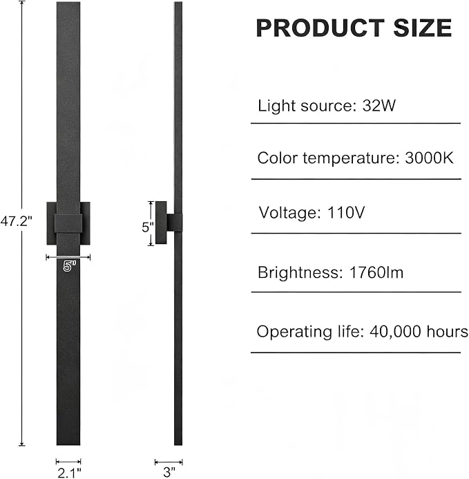 LamQee Aluminum 47 in Long Outdoor Wall Light Fixture, 3000K Integrated LED | Waterproof IP65, Modern Exterior Lights, Linear Outdoor Sconce, Wall Mount Outside Lighting, for House Porch Patio Garage