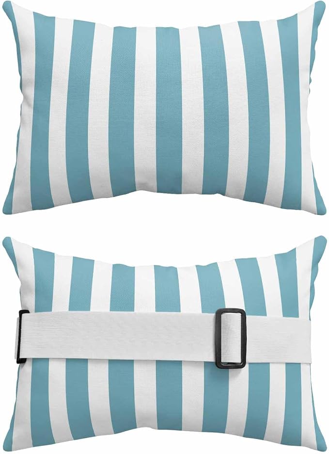 Lumbar Pillow Covers Set of 4, Auqa Striped Waterproof Outdoor Chaise Lounge Pillow Covers with Elastic Strap, Modern Farmhouse Blue White Stripes Headrest Pillowcase for Patio, 11 x 16